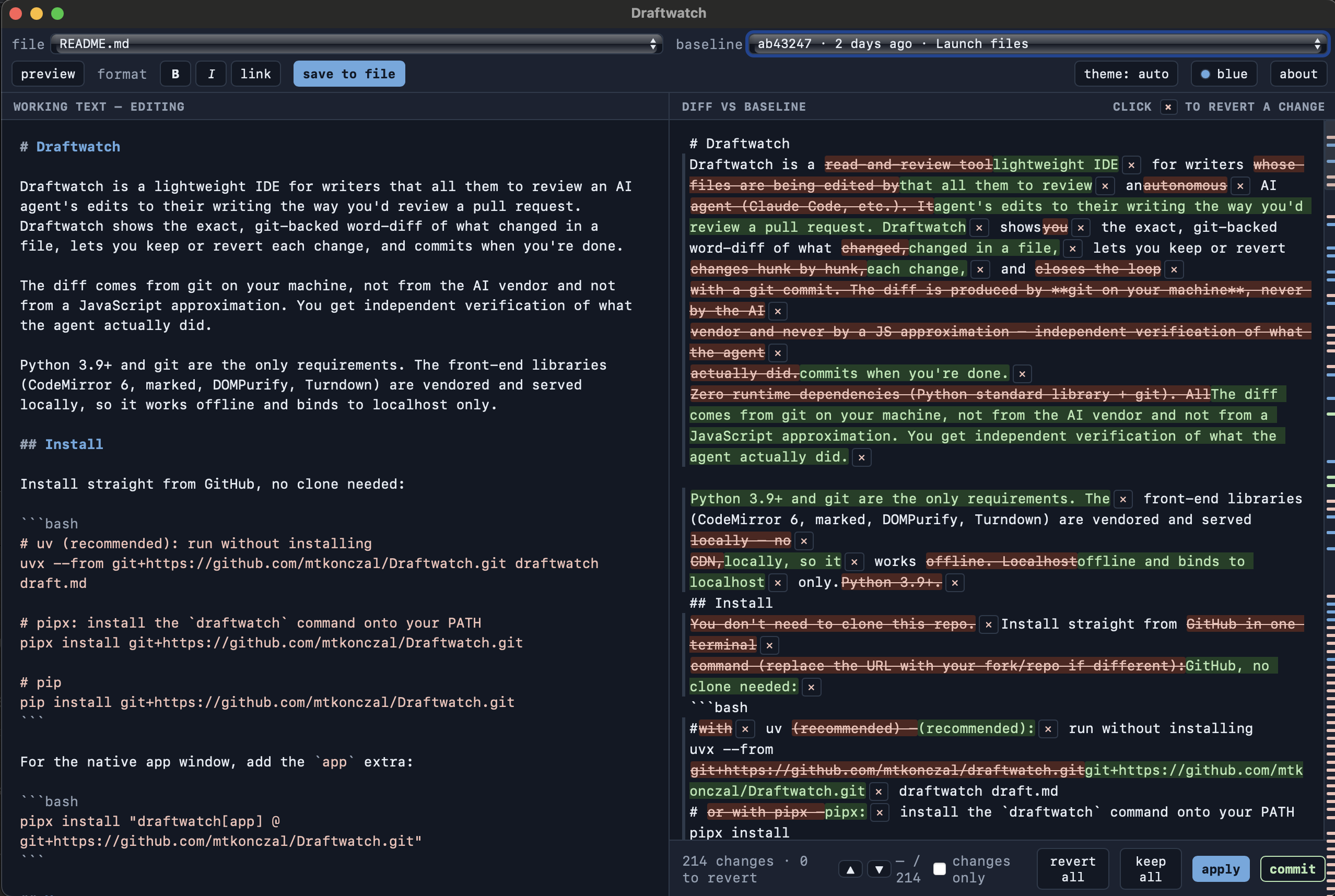 Draftwatch app showing a git word-diff of an AI agent's edits